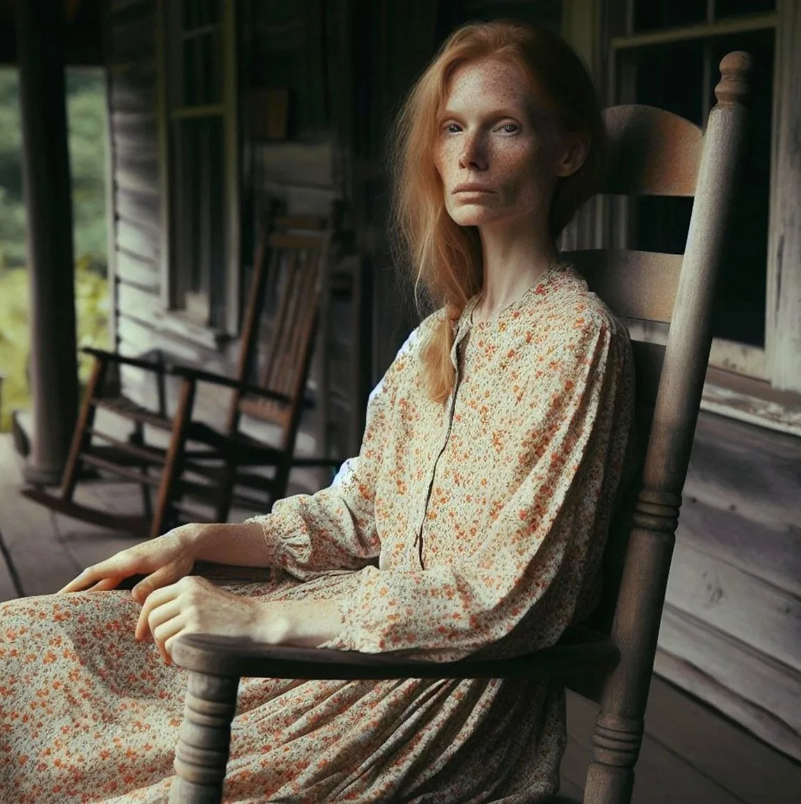 ai generated, woman, farmer, pioneer, chair, wooden chair, rocking chair, painting, female, lady, old fashioned, cabin, 